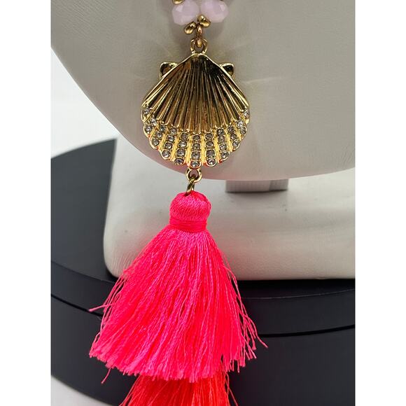 Lilly Pulitzer Gold‎ Pave Shell Pink Beaded Vibrant Bright Tassel Long Necklace - Picture 9 of 10